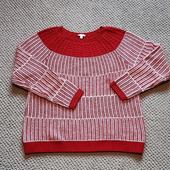 Talbots Sweaters - Talbots Red and White Cotton Blend Fair Isle Crew Neck Women's Sweater Large